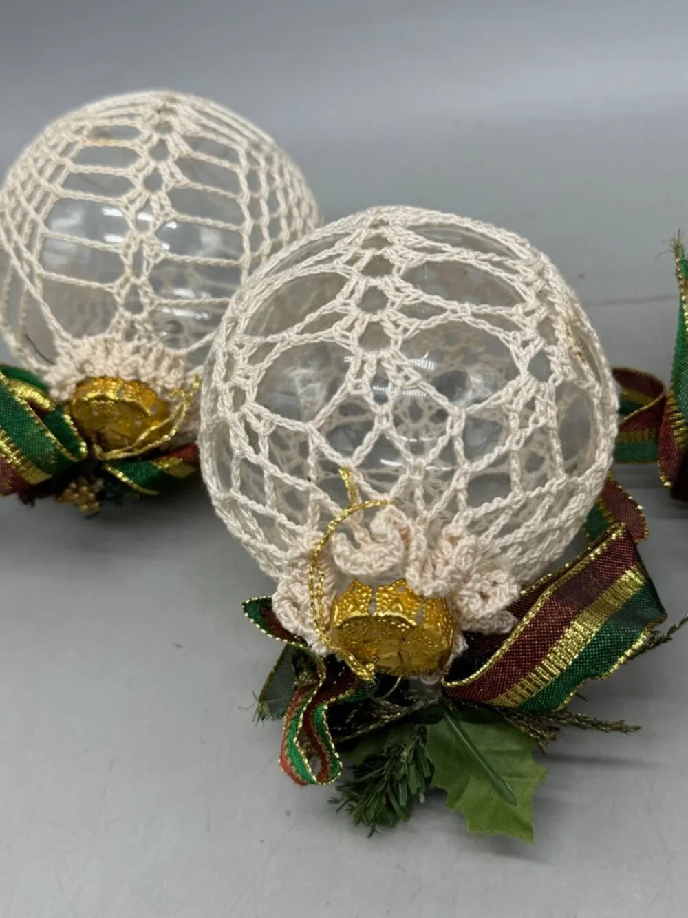 handmade Christmas bulbs ornaments set of 2 ribbon doily lace pine cones READ
